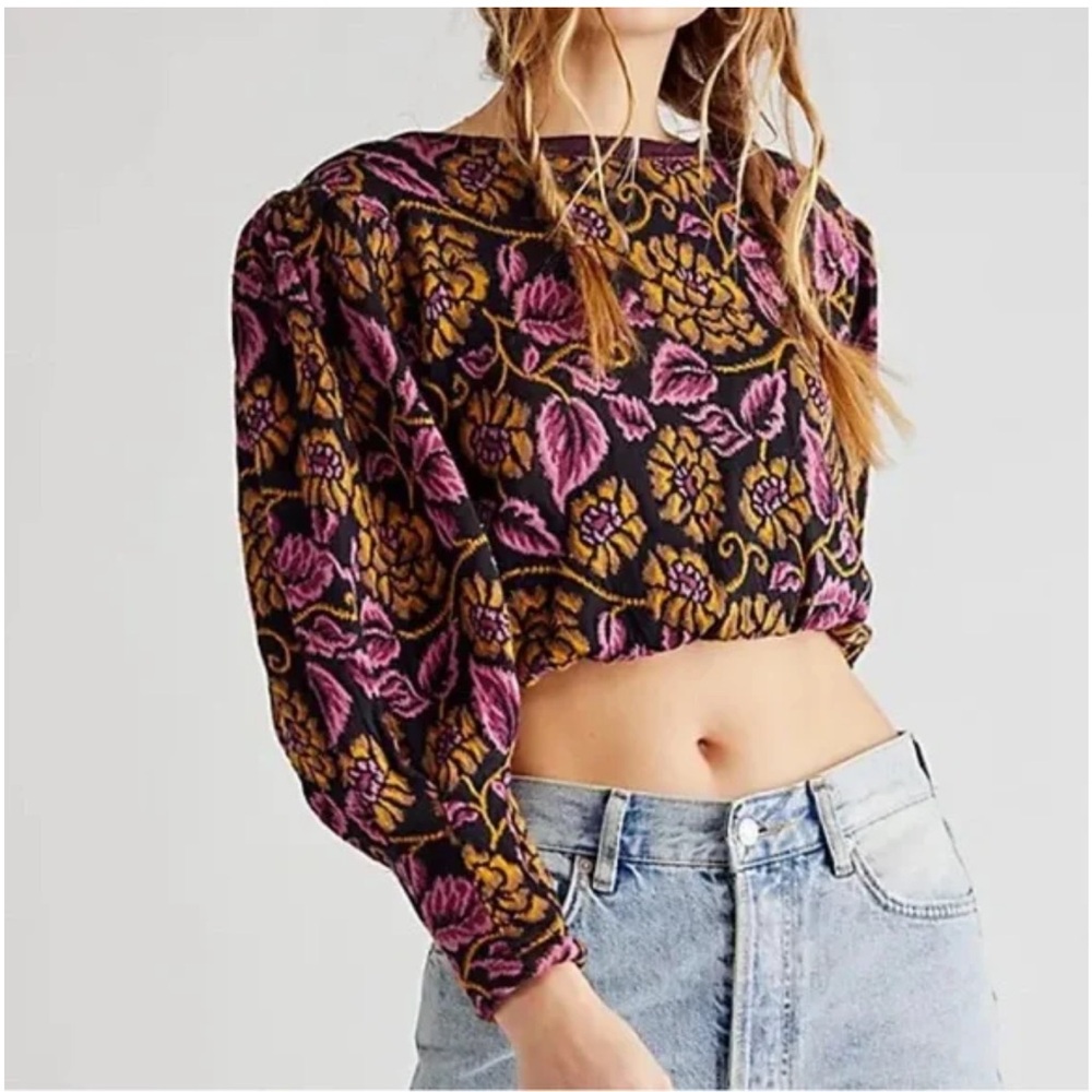 Free People Purple No Ordinary Top Floral Jacquard Cropped Cut Out Back Sweater
